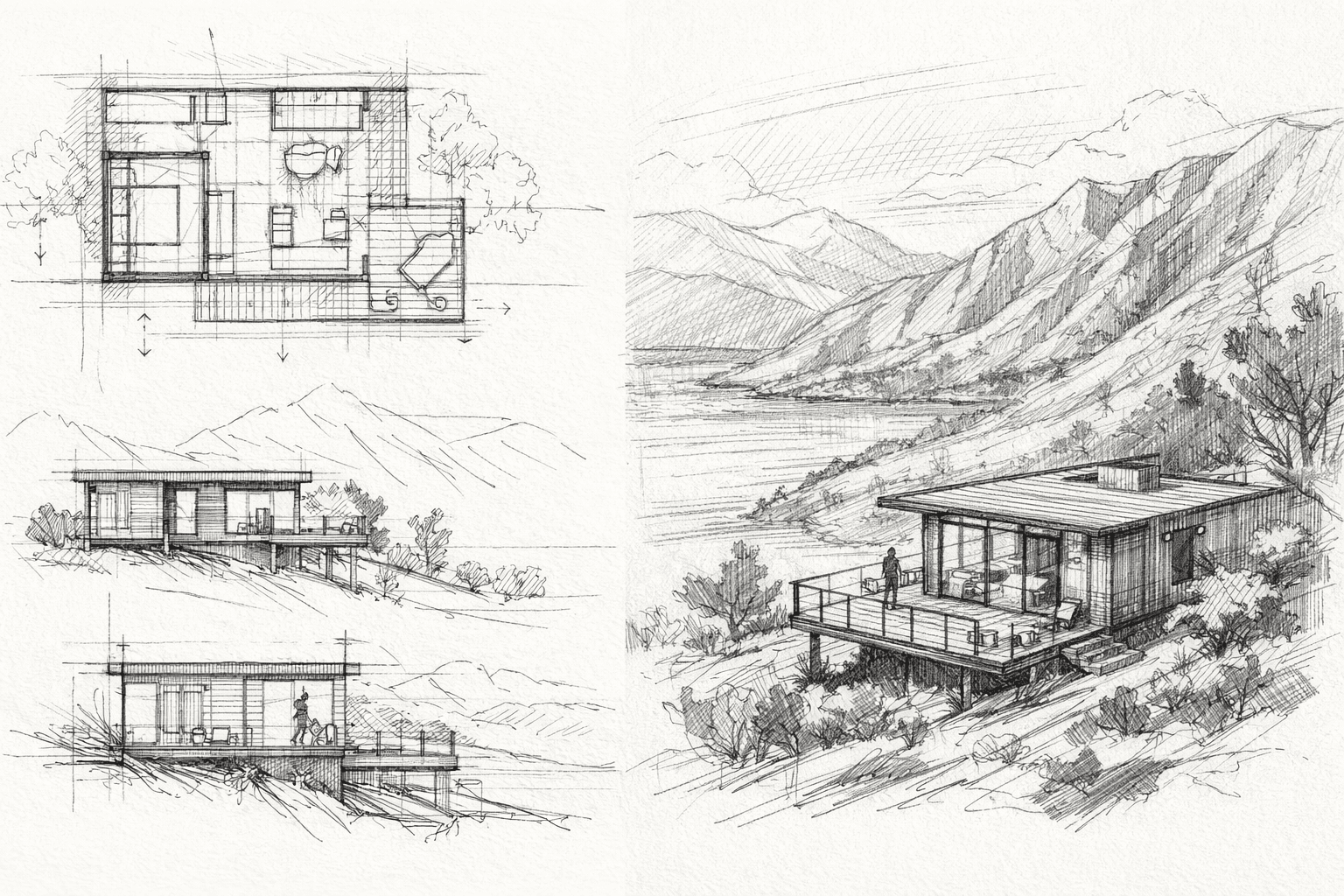 Croquis del proyecto: planta, elevaciones y vista en paisaje de montaña