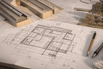 Plano de planta dibujado sobre mesa de trabajo