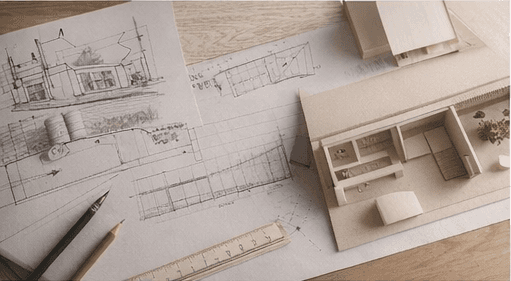 Croquis y maqueta con vistas y cortes del proyecto