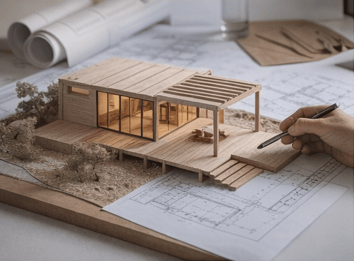 Maqueta con terraza y pérgola sobre planos del proyecto