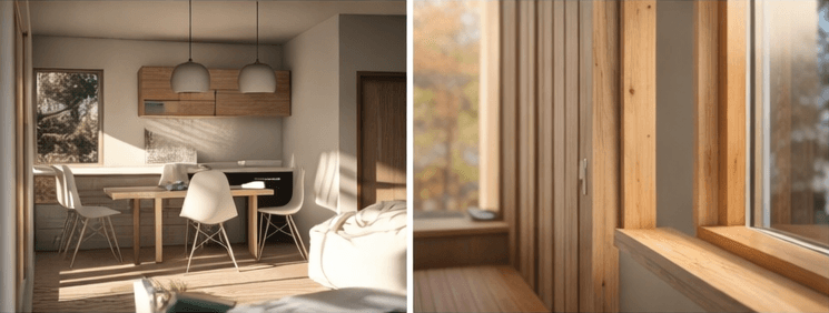 Render interior: comedor luminoso con vista al exterior