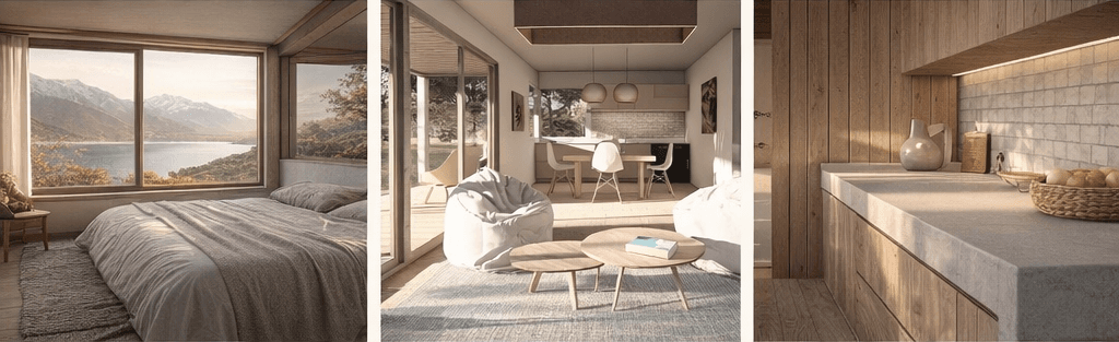 Render interior: estar cálido con vista al entorno natural