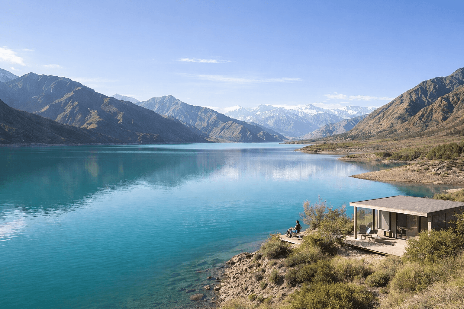 Vista del embalse de Potrerillos con refugio moderno junto al agua