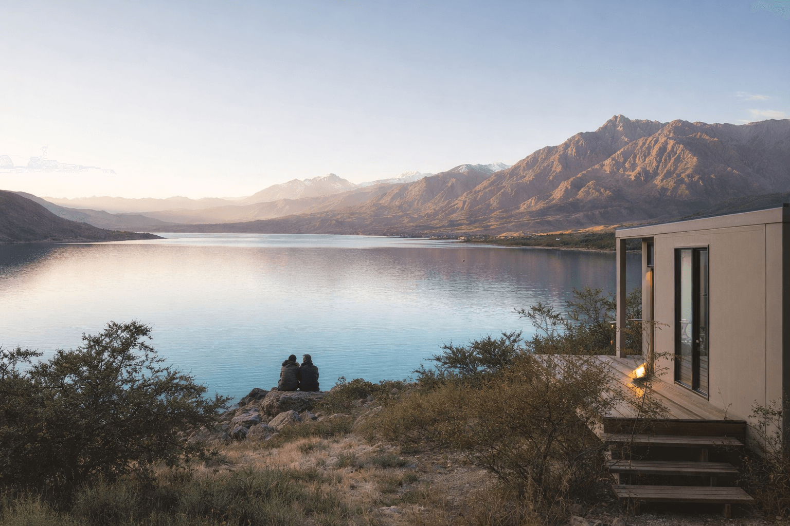 Paisaje de Potrerillos junto al embalse con una vivienda HUELLA integrada al entorno