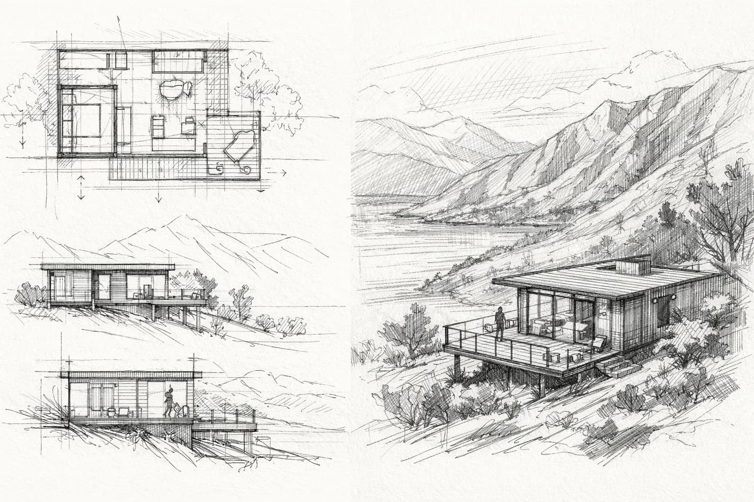 Croquis del proyecto: planta, elevaciones y vista en paisaje de montaña
